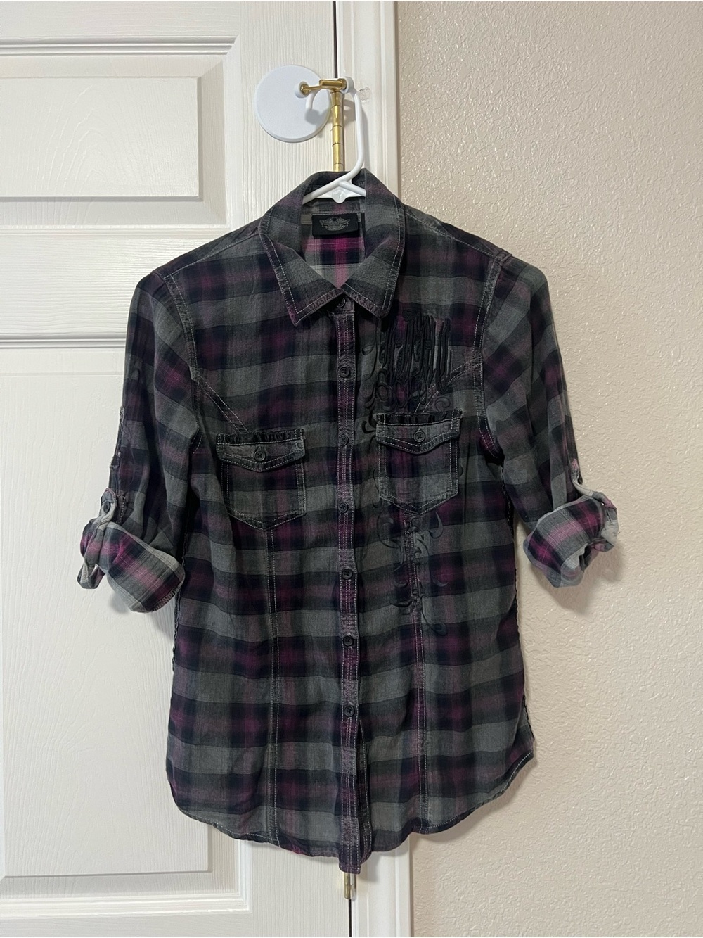 Harley Davidson Plaid Button Down Shirt Womens Small Y2K Biker Graphic